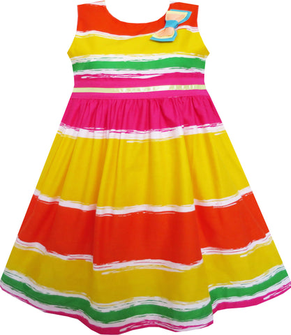 Girls Dress Bow Tie Orange Yellow Striped Tie Dye Style Size 3-8 Years