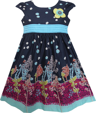 Girls Dress Flowers Trees Dark Blue Short Sleeve Knee Length Size 3-8 Years