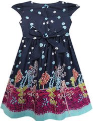 Girls Dress Flowers Trees Dark Blue Short Sleeve Knee Length Size 3-8 Years
