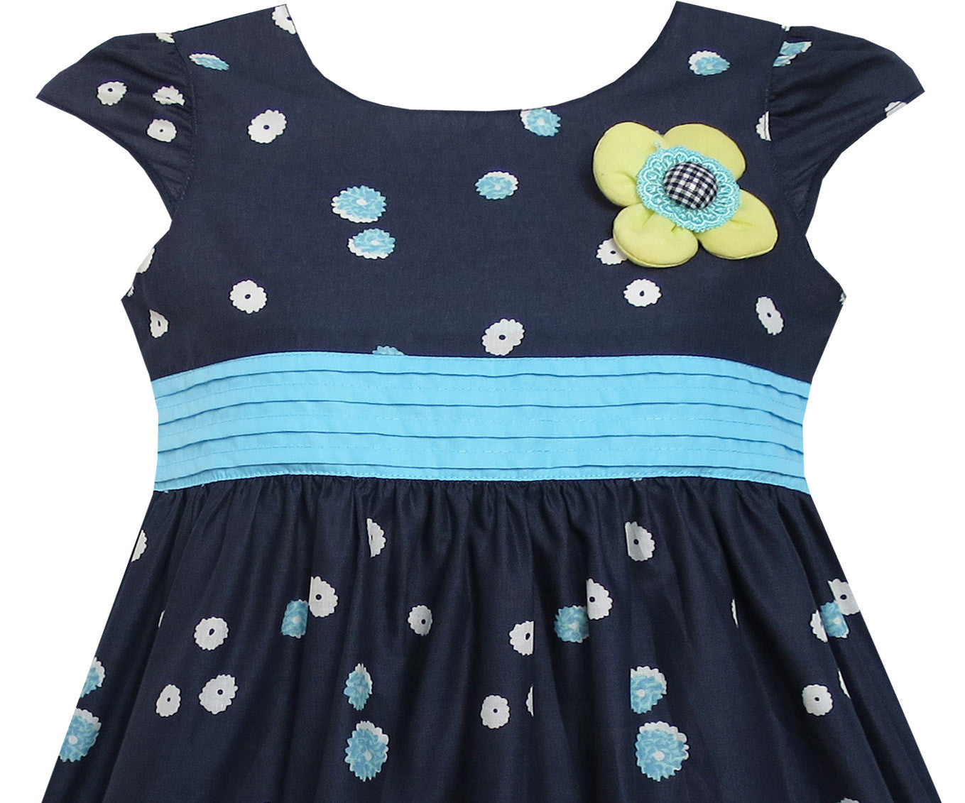 Girls Dress Flowers Trees Dark Blue Short Sleeve Knee Length Size 3-8 Years