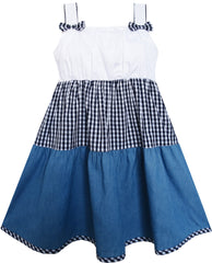 Girls Dress Double Bow Tie Plaid Jean Style Size 2-7 Years