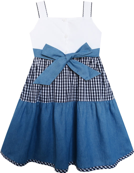 Girls Dress Double Bow Tie Plaid Jean Style Size 2-7 Years