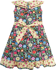 Girls Dress Bow Tie Yellow Floral Turn-Down Collar And Trim Size 4-10 Years