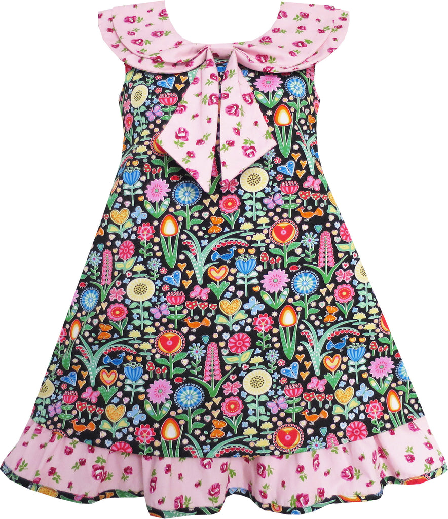 Girls Dress Bow Tie Pink Floral Turn-Down Collar And Trim Size 4-10 Years