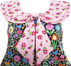 Girls Dress Bow Tie Pink Floral Turn-Down Collar And Trim Size 4-10 Years