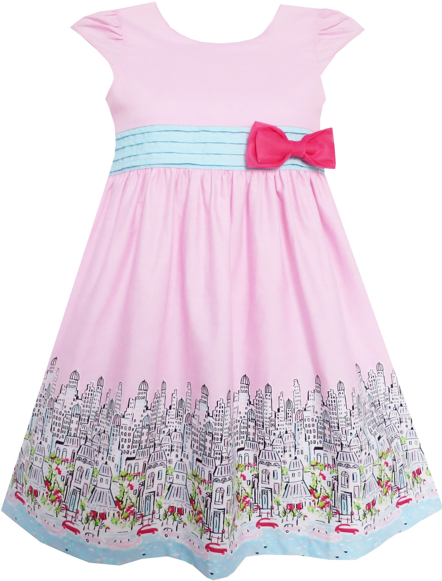 Girls Dress Bow Tie City Building Car Print Pink Size 3-8 Years