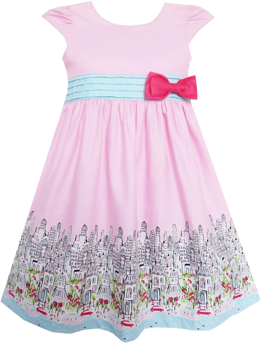 Girls Dress Bow Tie City Building Car Print Pink Size 3-8 Years