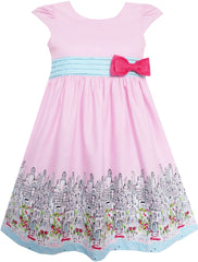 Girls Dress Bow Tie City Building Car Print Pink Size 3-8 Years