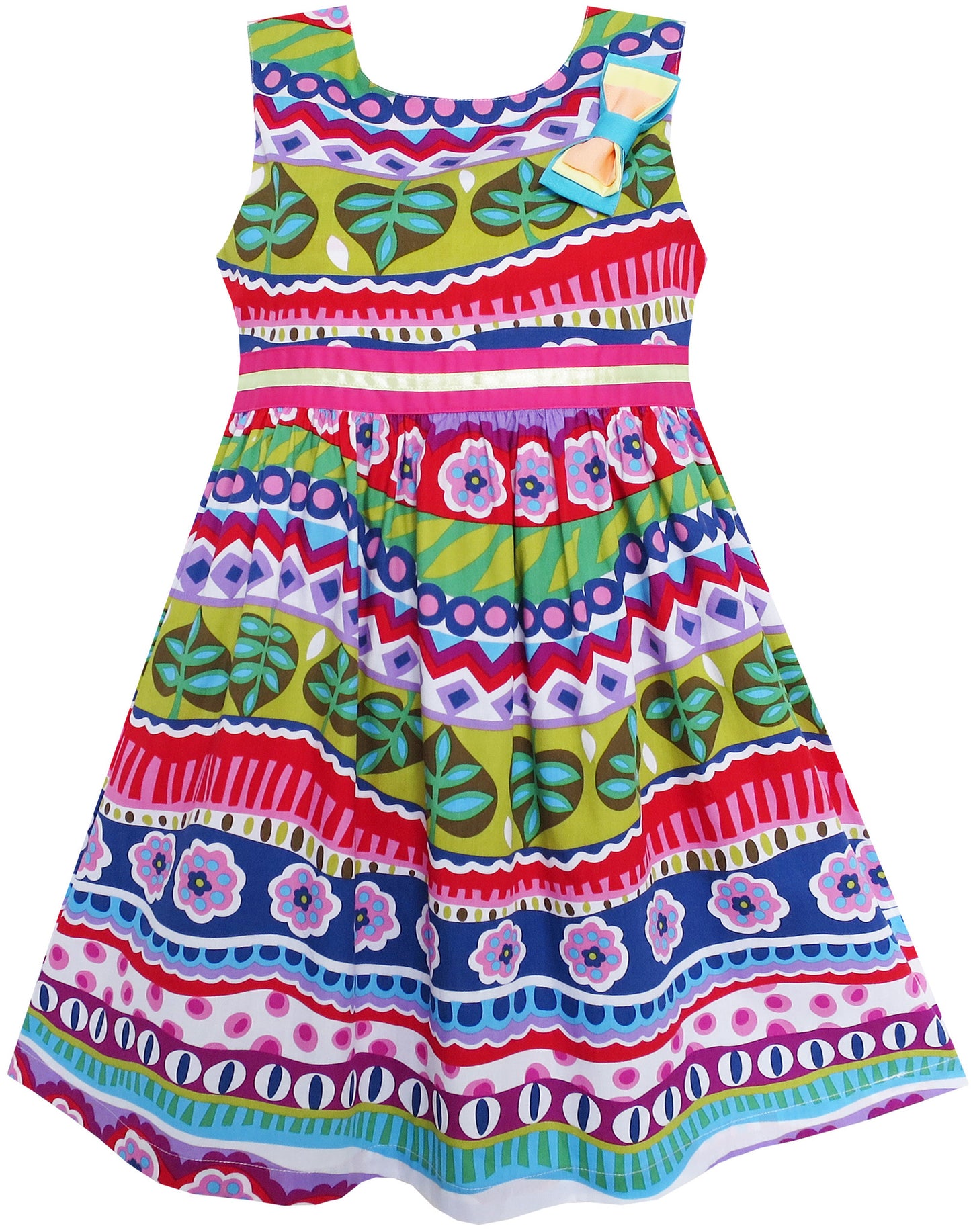 Girls Dress Bow Tie  Flower Striped Print A-line Size 3-8 Years