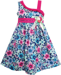 Girls Dress Multicolored Flower Bow Tie Asymmetric Design Size 4-8 Years