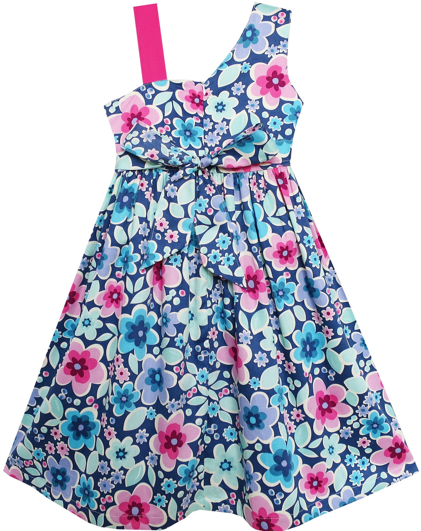 Girls Dress Multicolored Flower Bow Tie Asymmetric Design Size 4-8 Years