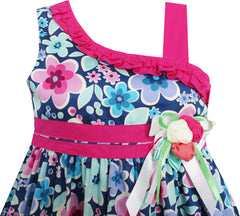 Girls Dress Multicolored Flower Bow Tie Asymmetric Design Size 4-8 Years