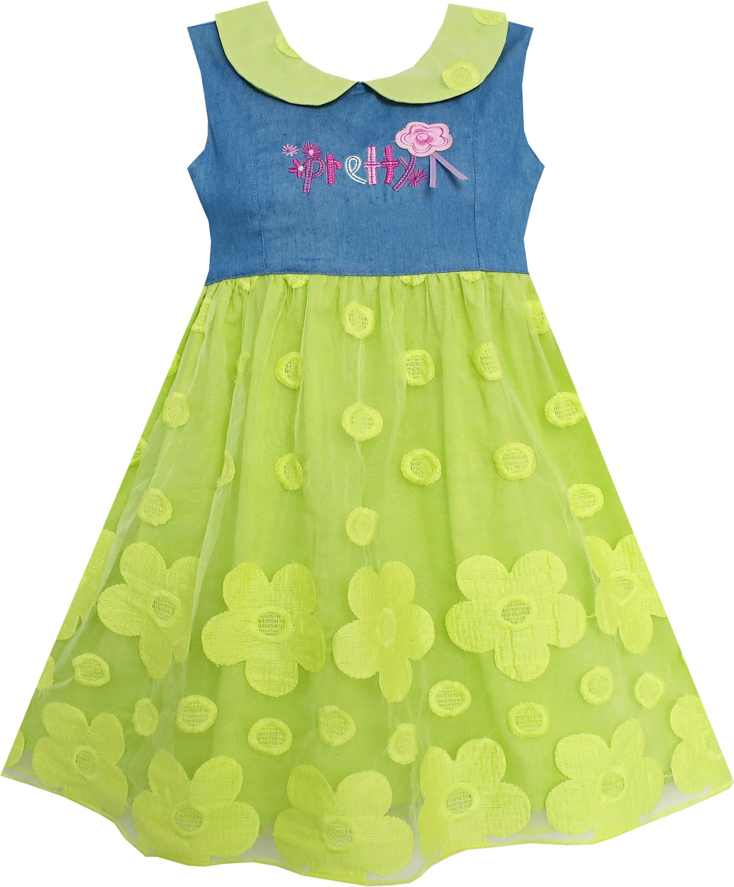 Girls Dress Pretty Print Flower Tulle Hemline Turn-Down Collar  Size 3-7 Years