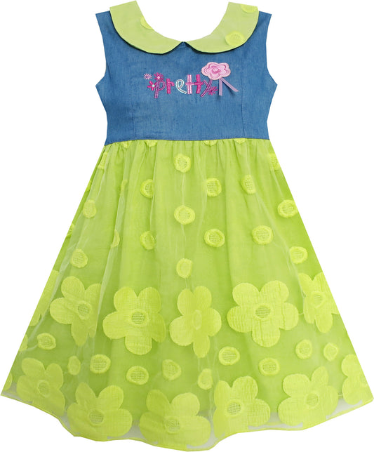Girls Dress Pretty Print Flower Tulle Hemline Turn-Down Collar  Size 3-7 Years