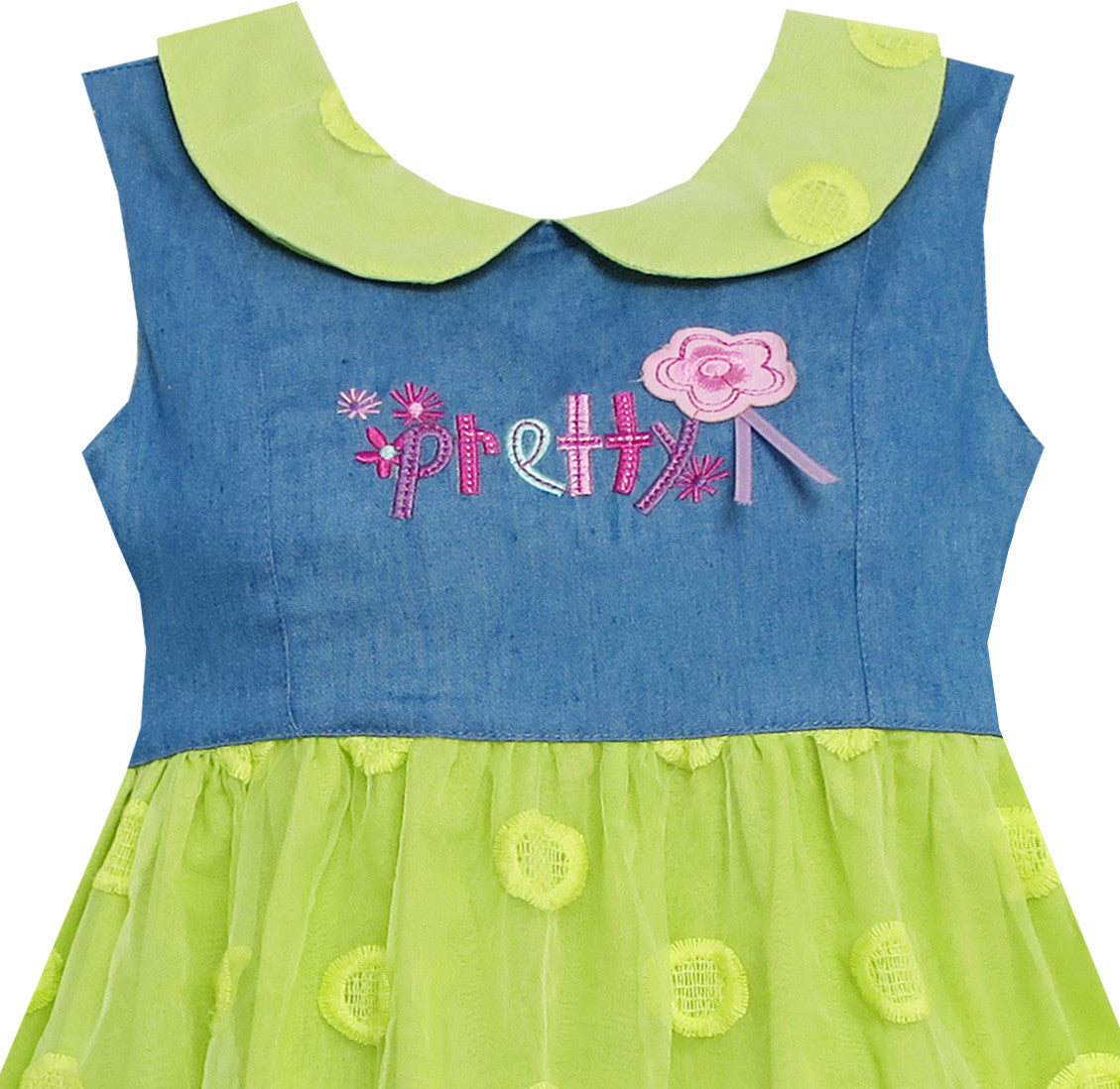 Girls Dress Pretty Print Flower Tulle Hemline Turn-Down Collar  Size 3-7 Years