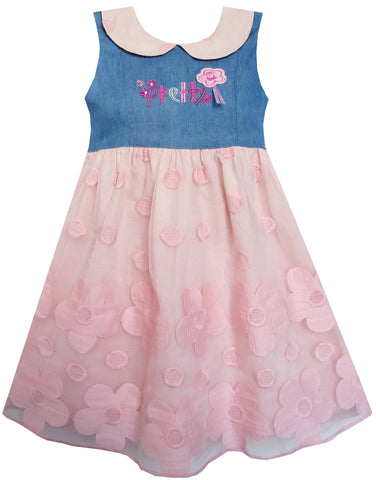 Girls Dress Pretty Print Pink Flower Tulle Lace Hemline Size 3-7 Years