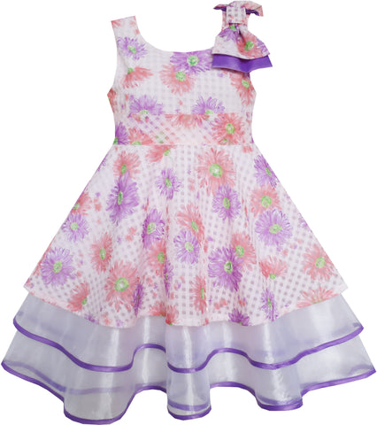 Girls Dress Purple Flower Lace Trim Bow Tie Sleeveless Size 4-8 Years