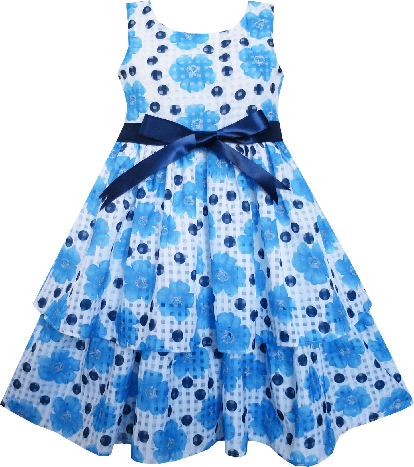 Girls Dress Blue Flower Bow Tie Sleeveless Size 4-8 Years