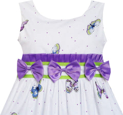 Girls Dress Purple Blue Butterfly Print Triple Bow Tie Size 4-12 Years