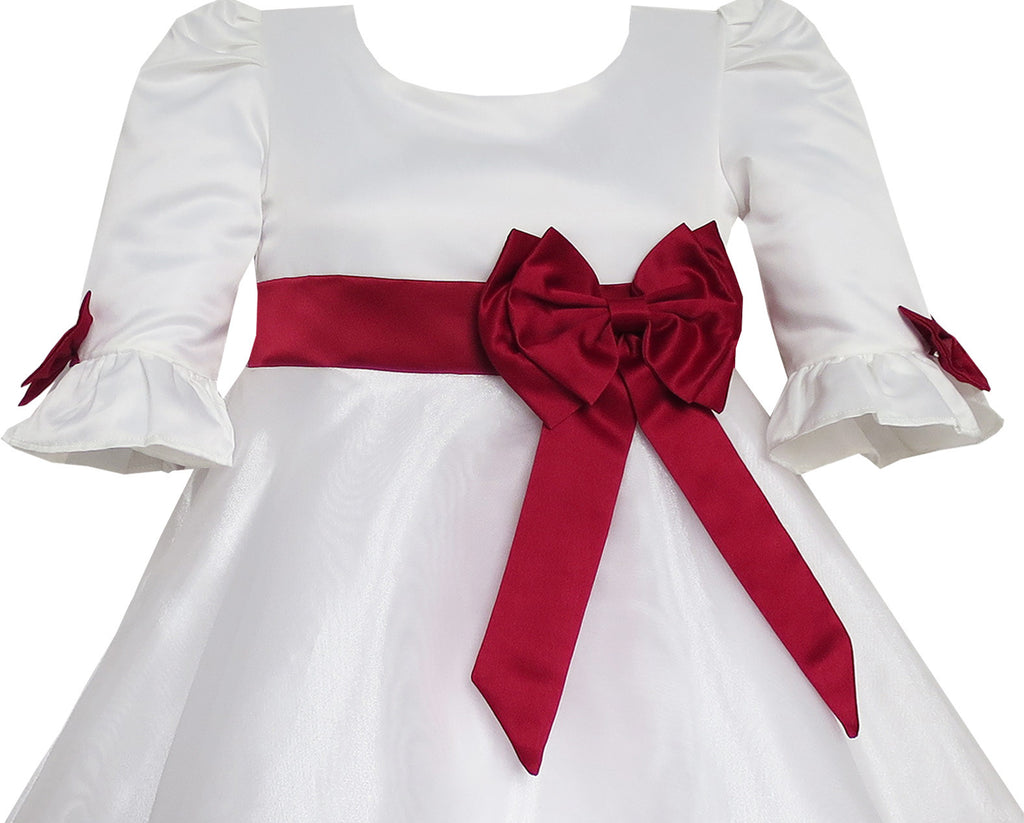 Super Cute Girls White Lace Dress Red Ribbon Big Bow Short Sleeve