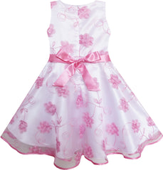 Girls Dress Pink Embroidered Flower Bow Tie Tulle Party Holiday Size 4-12 Years