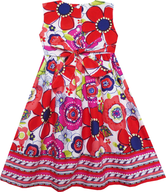 Girls Dress Red Flower Strip Hem Bow Tie Sleeveless Size 4-8 Years