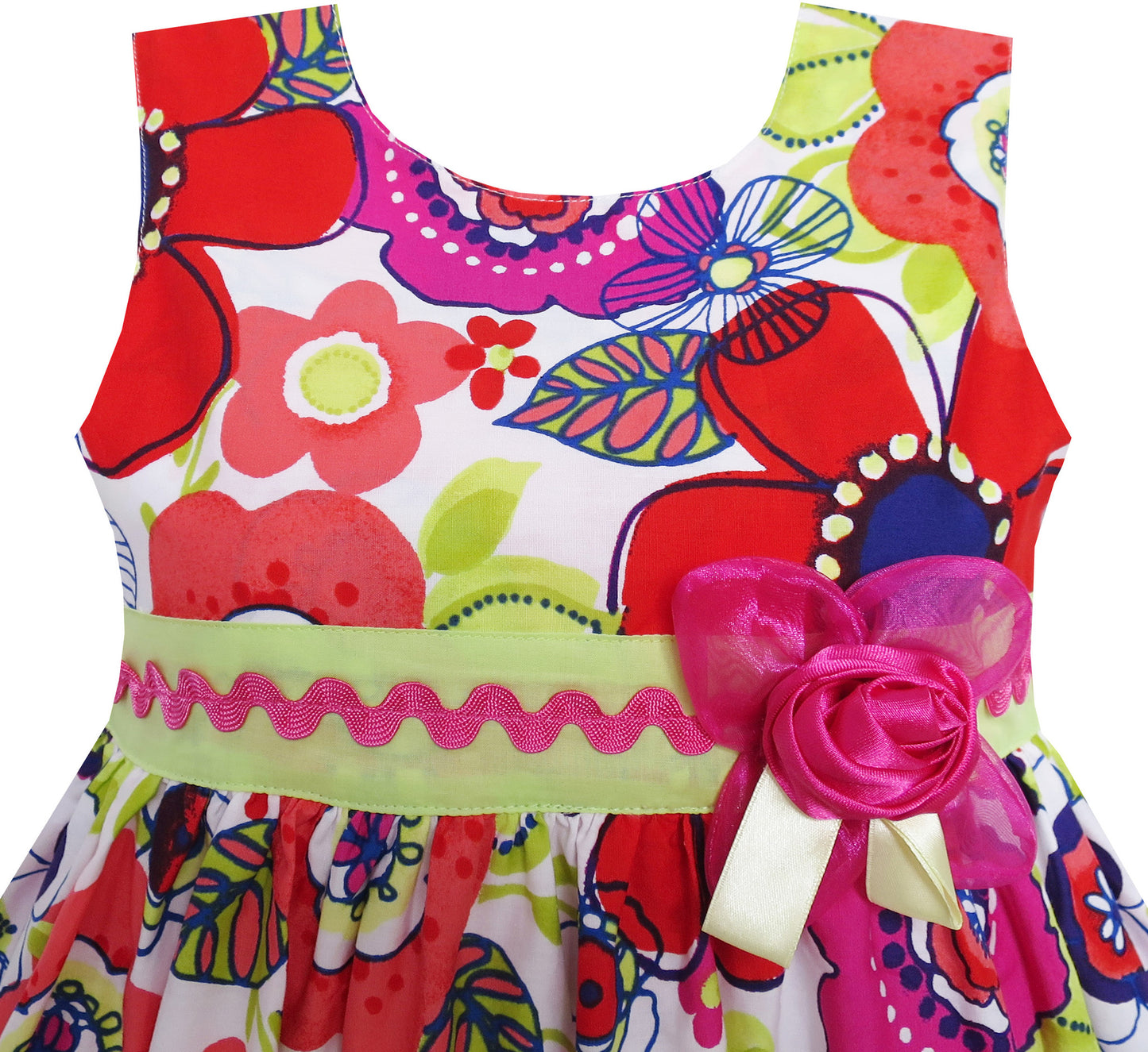 Girls Dress Red Flower Strip Hem Bow Tie Sleeveless Size 4-8 Years