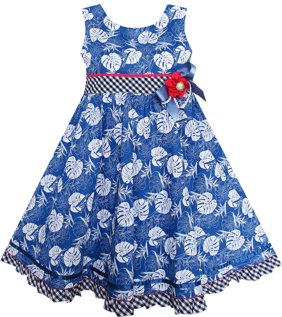 Girls Dress Blue Flower Plaid Waist Hem Sleeveless Size 4-8 Years