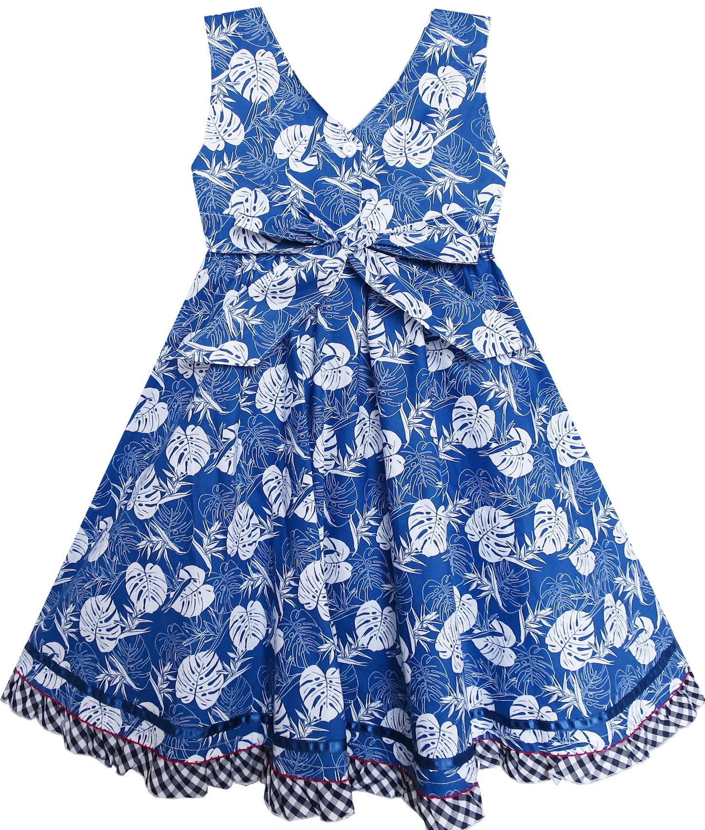 Girls Dress Blue Flower Plaid Waist Hem Sleeveless Size 4-8 Years