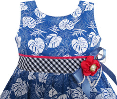 Girls Dress Blue Flower Plaid Waist Hem Sleeveless Size 4-8 Years