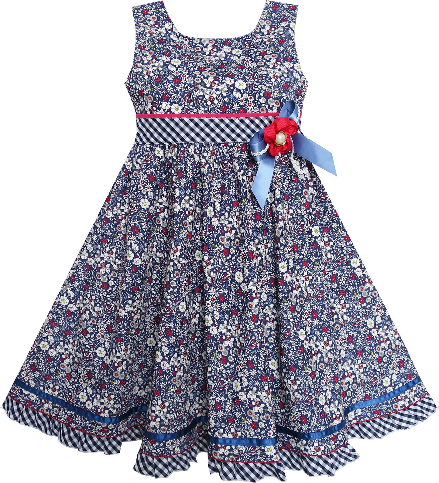 Girls Dress Flower Plaid Waist Hem Bow Tie Sleeveless Size 4-8 Years