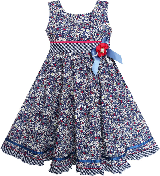 Girls Dress Flower Plaid Waist Hem Bow Tie Sleeveless Size 4-8 Years