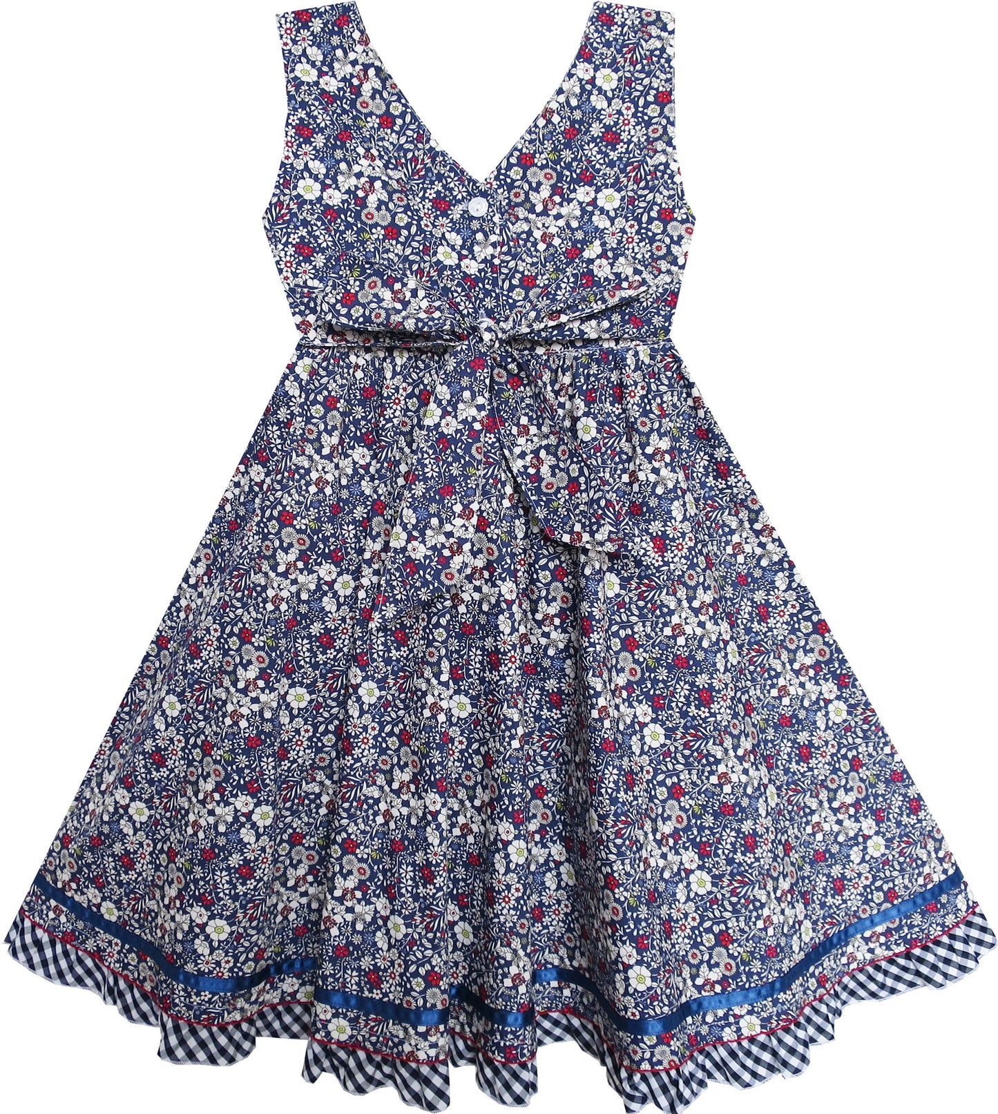 Girls Dress Flower Plaid Waist Hem Bow Tie Sleeveless Size 4-8 Years