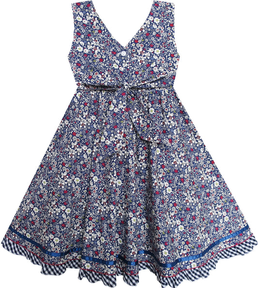 Girls Dress Flower Plaid Waist Hem Bow Tie Sleeveless Size 4-8 Years