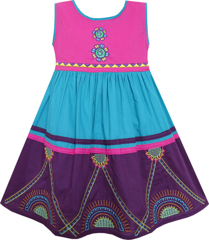 Girls Dress Colour Block Princess Embroidered Flower Purple Size 2-6 Years