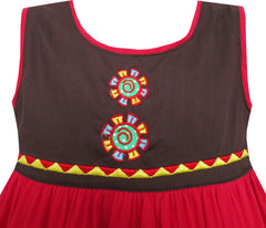 Girls Dress Colour Block Hand Made Embroidered Flower Red Size 2-6 Years