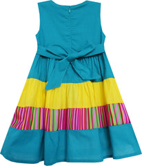 Girls Dress Colour Block Striped Embroidered Flower Blue Size 18M-5 Years