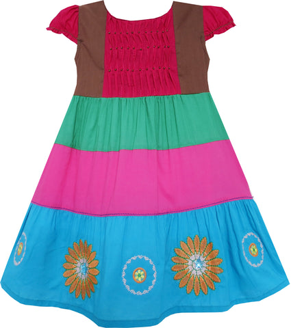 Girls Dress Colour Block Smocked Embroidered Flower Red Size 2-6 Years