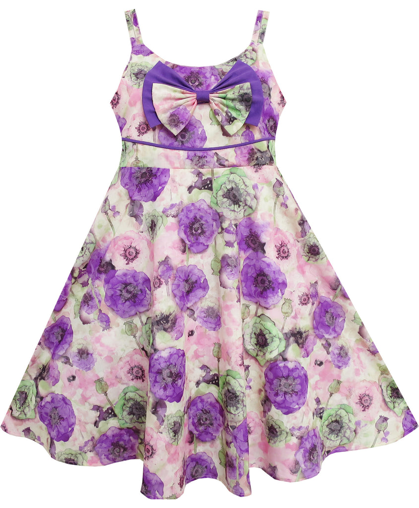 Girls Dress Sling Bow Tie Flower Princess Cotton Purple Size 3-10 Years