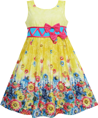 Girls Dress Sunflower Garden Flower Print Cotton Yellow Size 4-12 Years