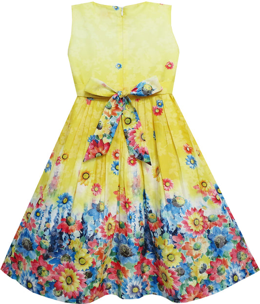Girls Dress Sunflower Garden Flower Print Cotton Yellow Size 4-12 Years