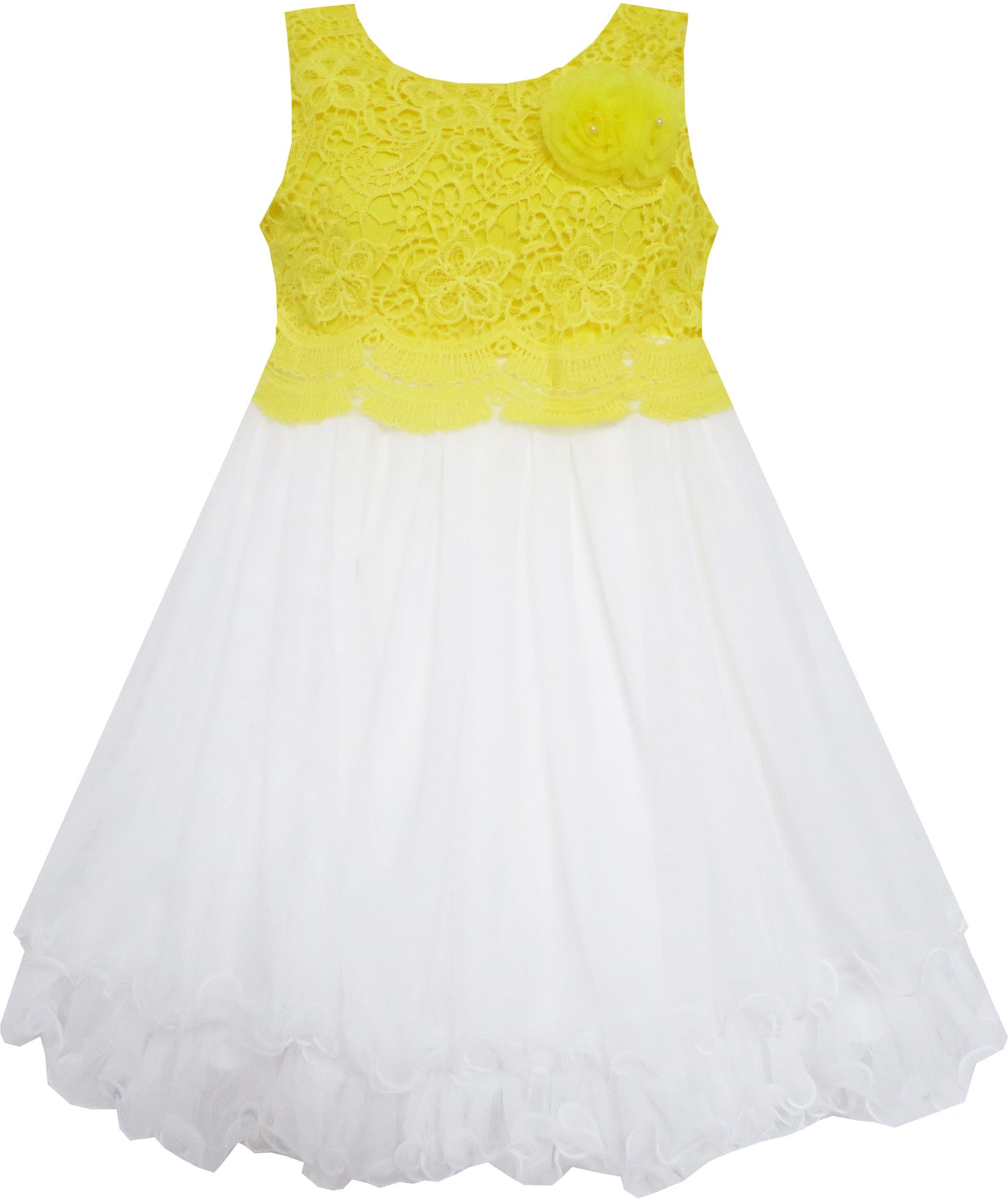Girls Dress Lace Flower Bodice Sleeveless Tulle Yellow Size 4-12 Years