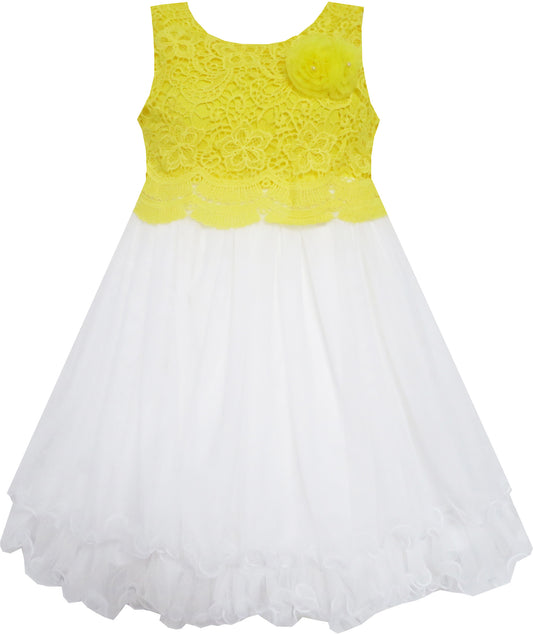 Girls Dress Lace Flower Bodice Sleeveless Tulle Yellow Size 4-12 Years