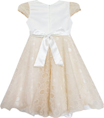 Girls Dress Bow Tie With Beading Lace Skirt Wedding Beige Size 4-10 Years