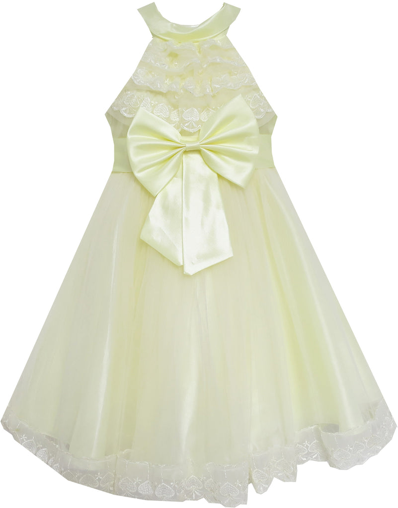 Girls Dress A-line Round Collar Bow Tie Pleated Bodice Yellow Size 5-12 Years
