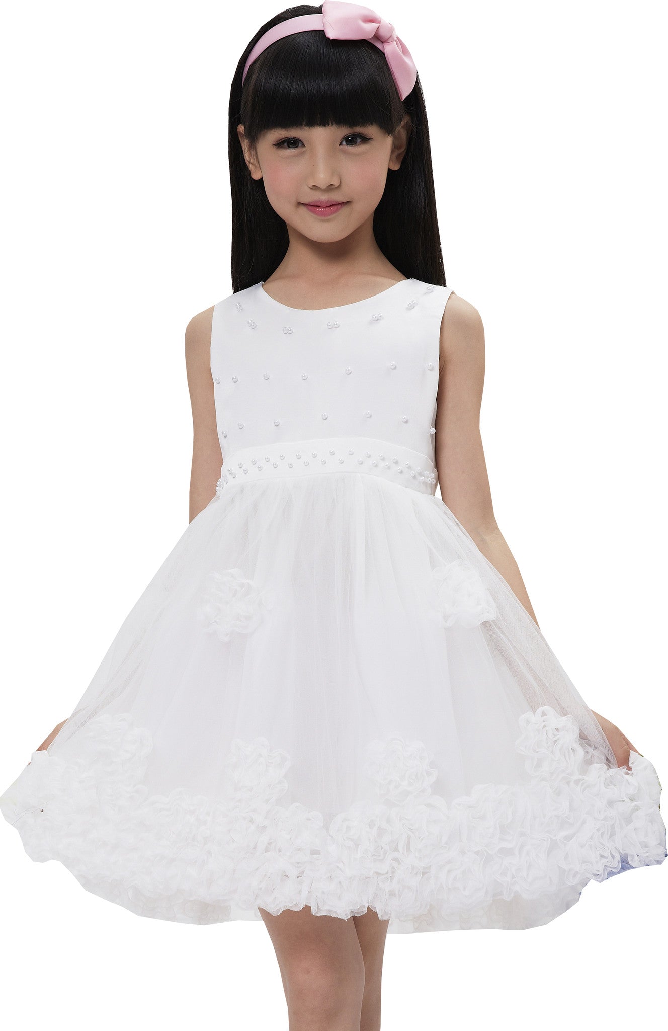 Girls Dress Sleeveless Accented Rosette Lace Beading White Size 5-12 Years