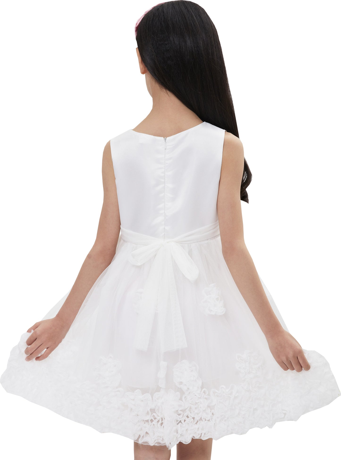 Girls Dress Sleeveless Accented Rosette Lace Beading White Size 5-12 Years