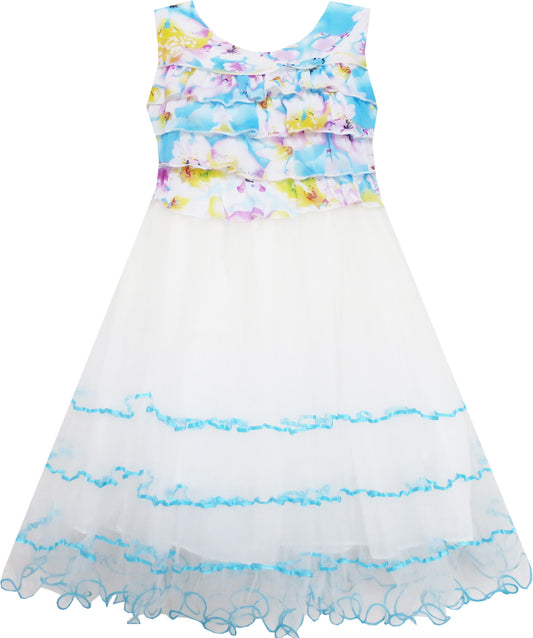 Girls Dress Sleeveless Pleated Bodice Lace Tiered Skirt Blue Size 5-12 Years
