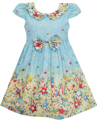 Girls Dress Star Sky Print Turn-down Collar Short Sleeve Blue Size 4-10 Years