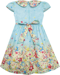 Girls Dress Star Sky Print Turn-down Collar Short Sleeve Blue Size 4-10 Years